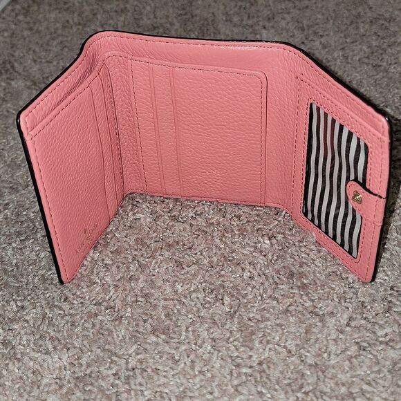 Kate Spade Pebbled Leather Trifold Coral Pink Salmon Wallet w Striped Lining - Picture 15 of 16
